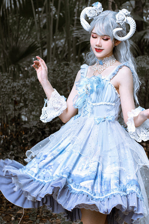 Blue Ruffled Stitching Seam 3D Print Sweet Lolita JSK Dress - Product - 3