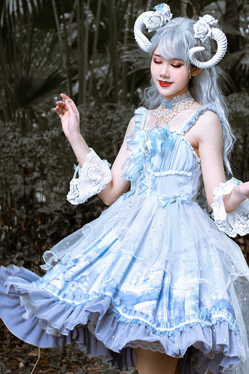 Blue Ruffled Stitching Seam 3D Print Sweet Lolita JSK Dress - Product - 3