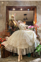 Apricot [Moonlight Sonata] Ruffle Cardigan Bowknot Lace Sweet Vintage Lolita Jsk Dress - Product - 6
