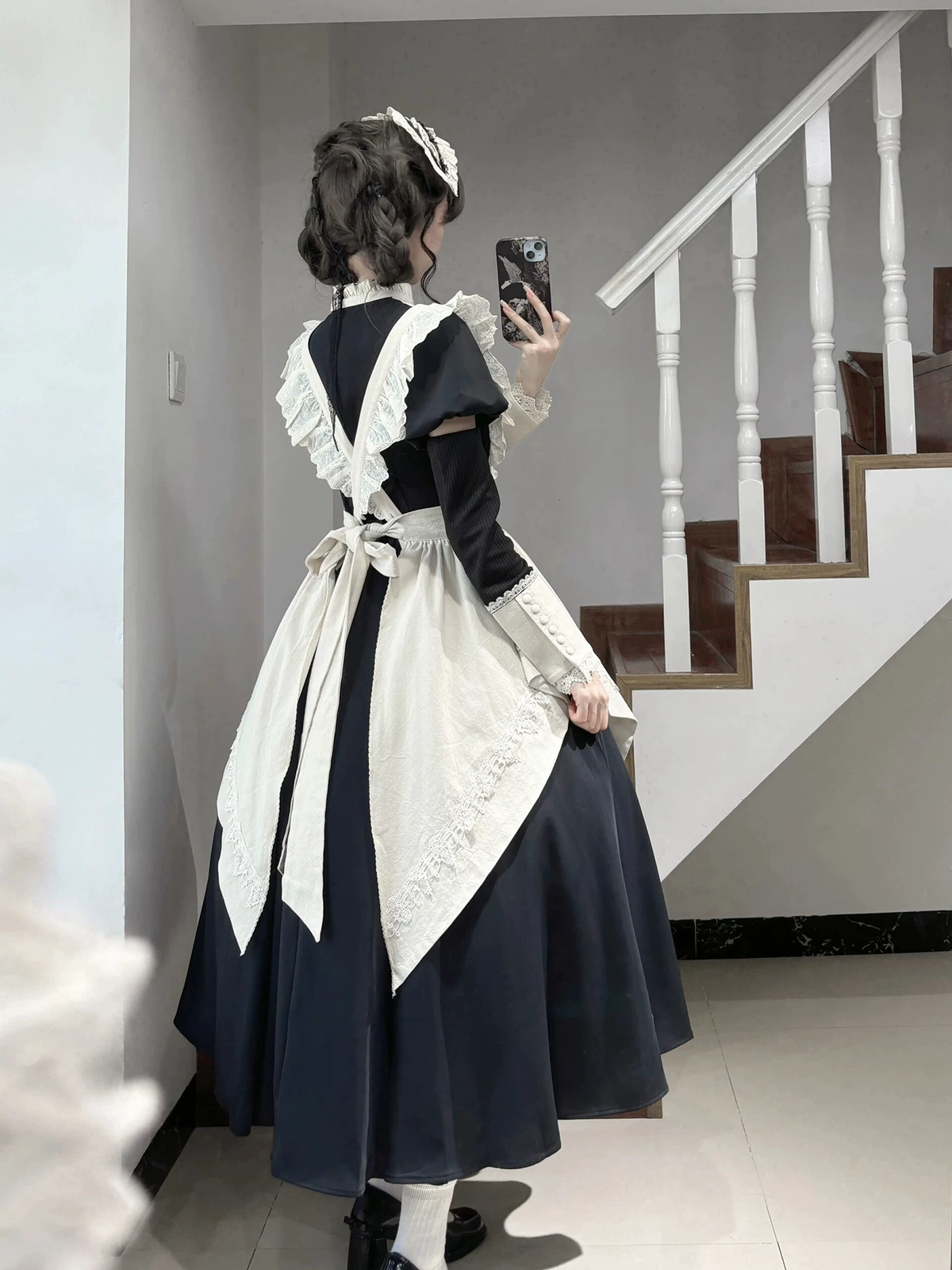 Black and White Plaid Ruffled Maid Lolita Dress with Apron Bow Accent - view 8