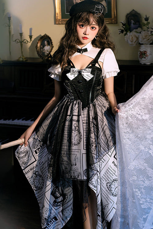 Black Fake Two Pieces Vintage Printed Irregular Hem Classic Lolita Dress - Product - 2