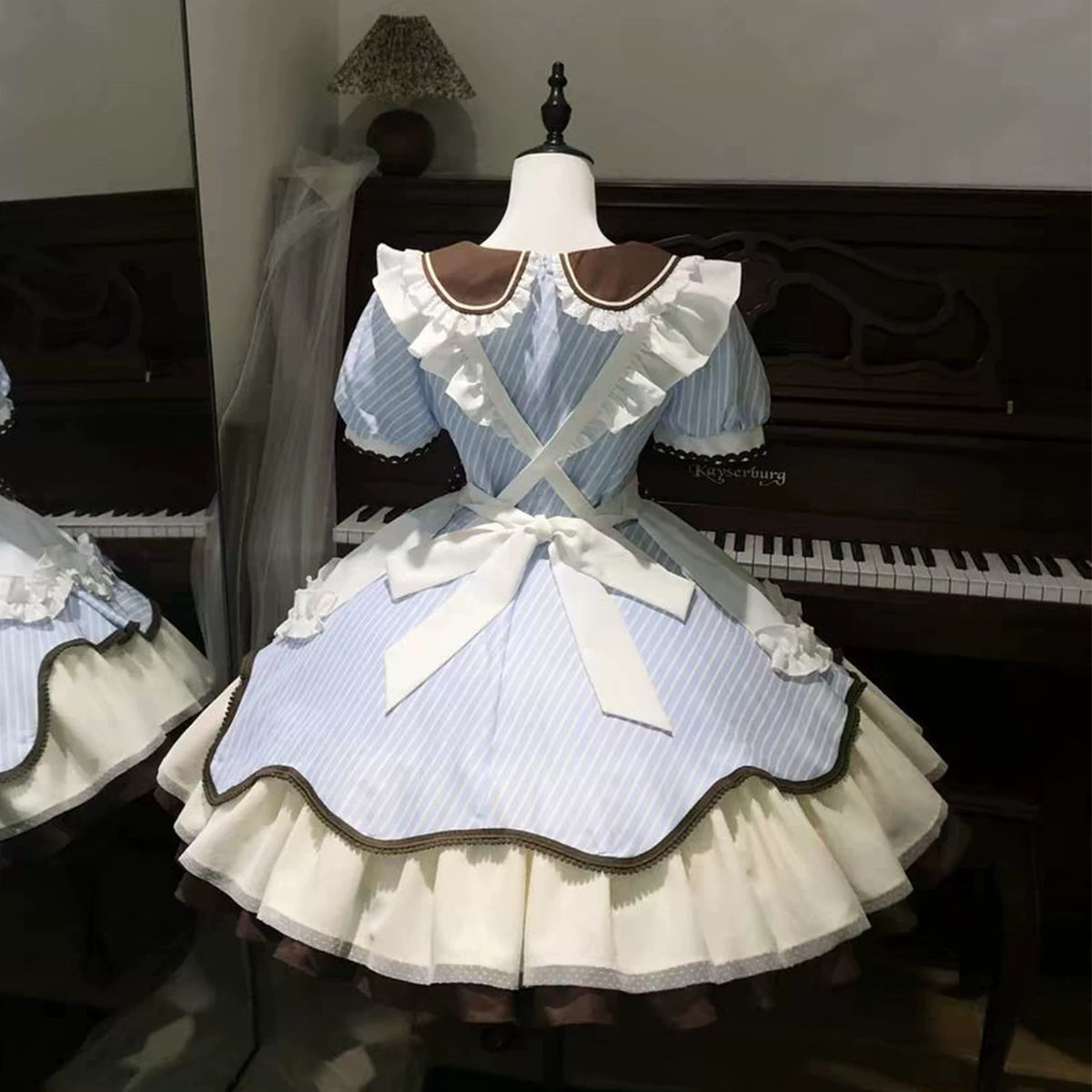 Blue and Brown Ruffled Bear Lolita Dress with Bow Accent - view 2