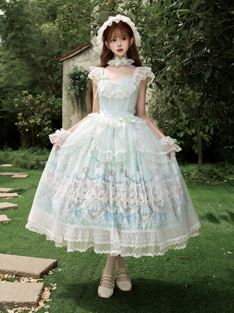 Mint green lily print Lolita JSK gown front view