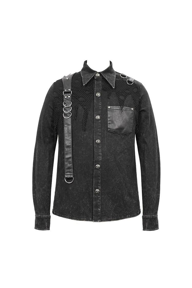 Black Asymmetric Left Shoulder Loop Mesh Rivet Snap Button Men's Punk Shirt - Product - 7