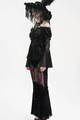 Black Halterneck Long Sleeves Hollow Lace-Up Mesh Women's Gothic Blouse - Product - 9
