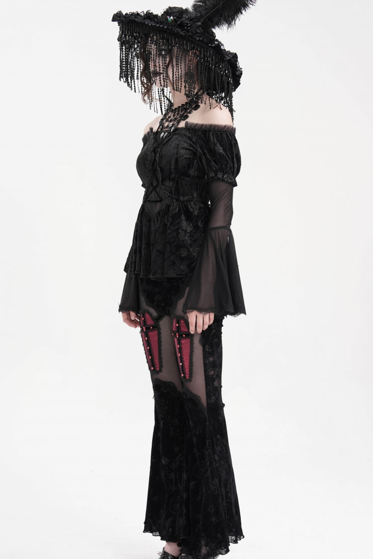 Black Halterneck Long Sleeves Hollow Lace-Up Mesh Women's Gothic Blouse - Product - 9