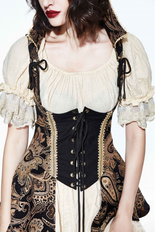 Brown Paisley Print Jacquard Bare Breast Lace Up Gothic Corset - Product - 2