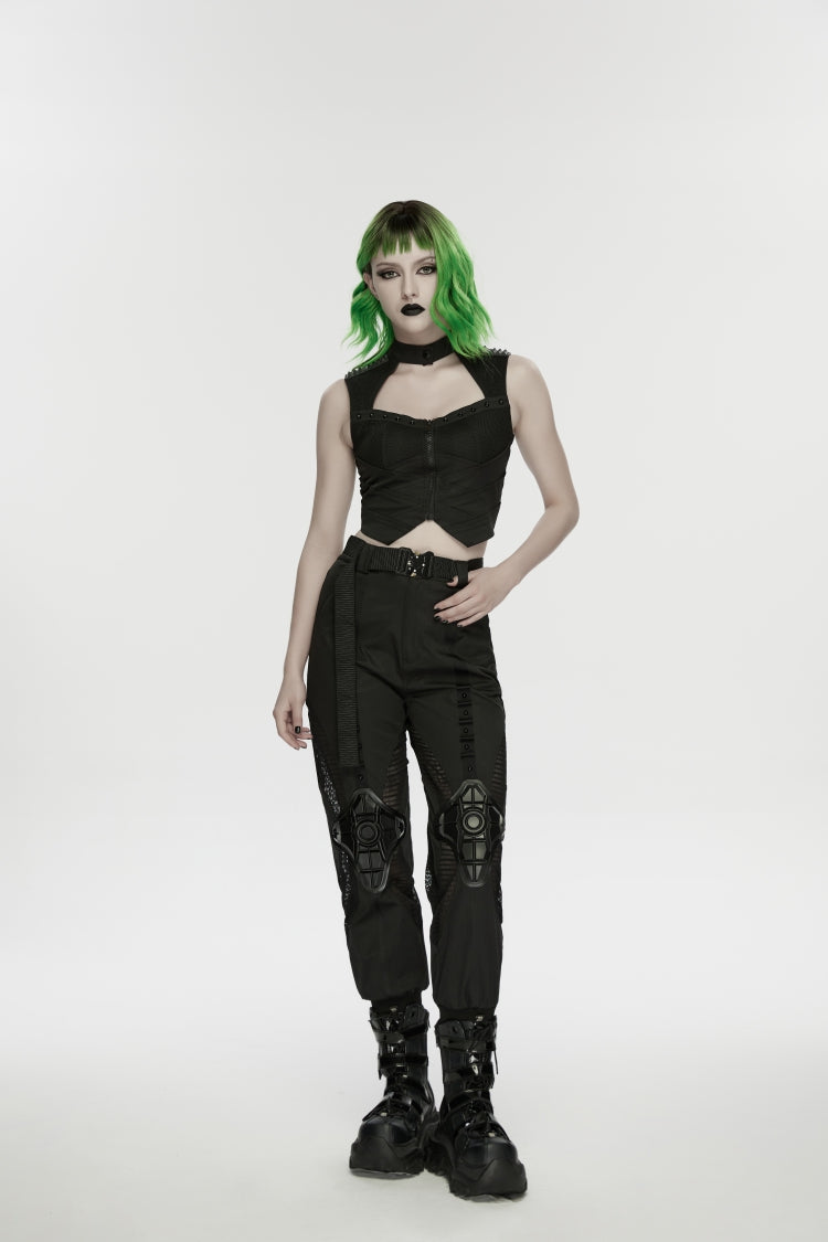 Black Women's Punk Handsome Buckle-up Studded Mesh Cargo Pants - Product - 5