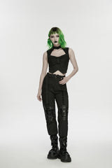 Black Women's Punk Handsome Buckle-up Studded Mesh Cargo Pants - Product - 5