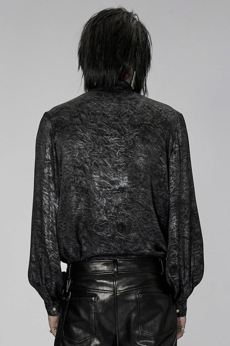 Black/Silver Stand Collar Long Puff Sleeves Print Lace-Up Metal Decoration Mens Gothic Blouse - Product - 3