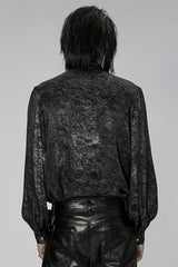 Black/Silver Stand Collar Long Puff Sleeves Print Lace-Up Metal Decoration Mens Gothic Blouse - Product - 3