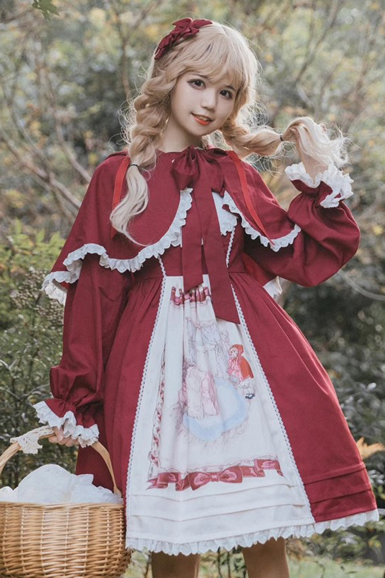 Red Little Red Riding Hood Sleeveless Print Ruffle Bowknot Sweet Princess (Dress Only) front view