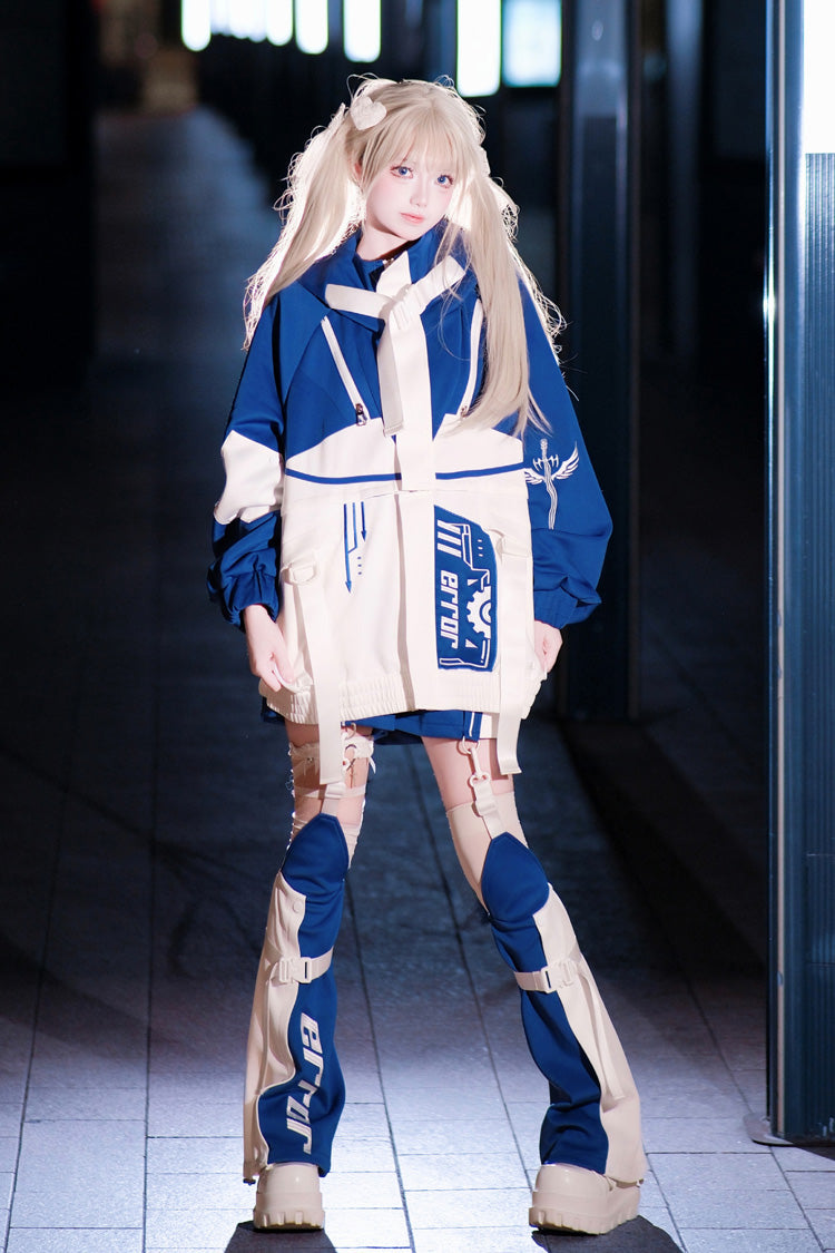 White/Blue [Zero-Type Transformation] Techwear Long Sleeves Embroidered Hooded Punk Jirai Kei Shorts Coat Set - Full-Set - 1