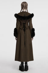 Coffee Long Sleeves Faux Fur Stitching Lace-Up Detachable Women's Gothic Coat - Product - 3