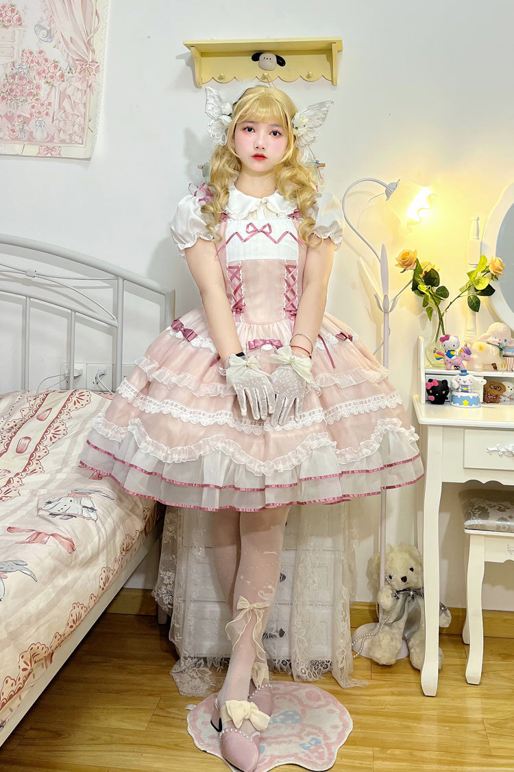 Pink Multi-layer Ruffle Bowknot Lace-Up Ballet Style Sweet Princess Lolita Tiered Dress - Product - 4