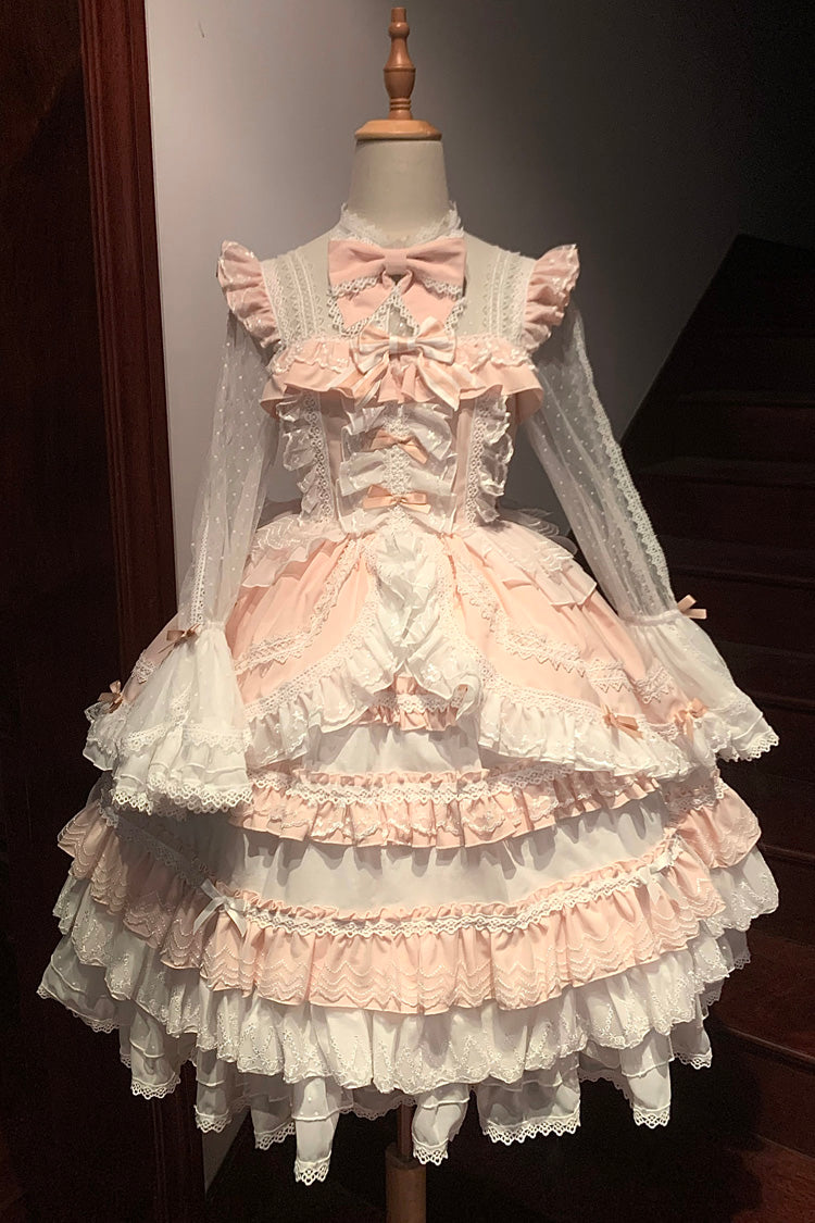 Pink Long Sleeves Multi-Layered Ruffle Bowknot Lace Sweet Lolita Dress - Pink - 1