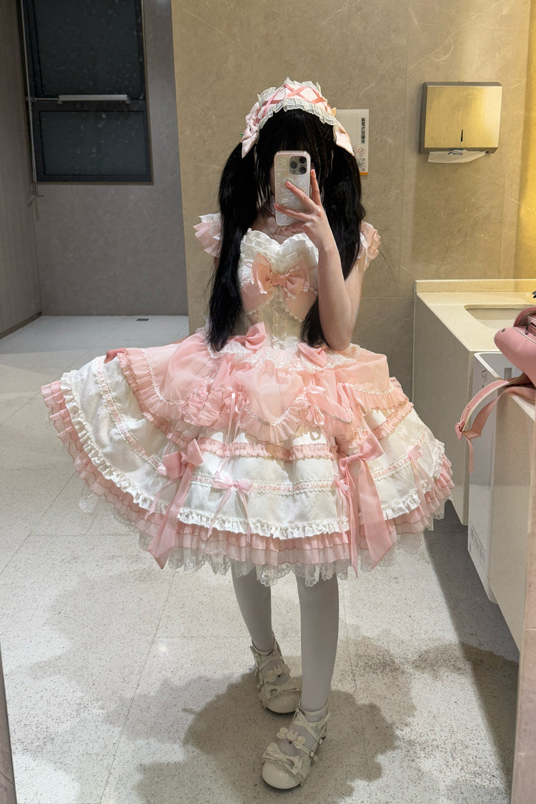 White/Pink Sleeveless Triple-Layered Ruffled Bow Lace Sweet Princess Ballet Lolita Jsk Dress - Product - 2