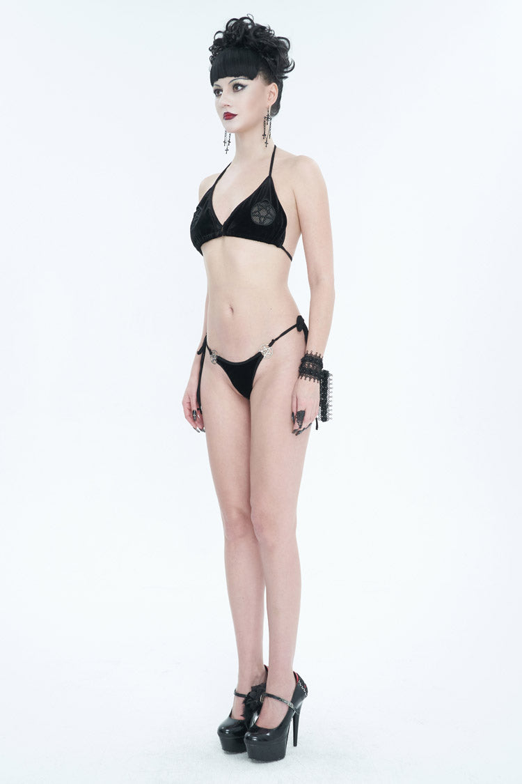Black Velvet Stretch Sexy Cutout Pentagram Women's Gothic Swimsuit Set - Product - 4