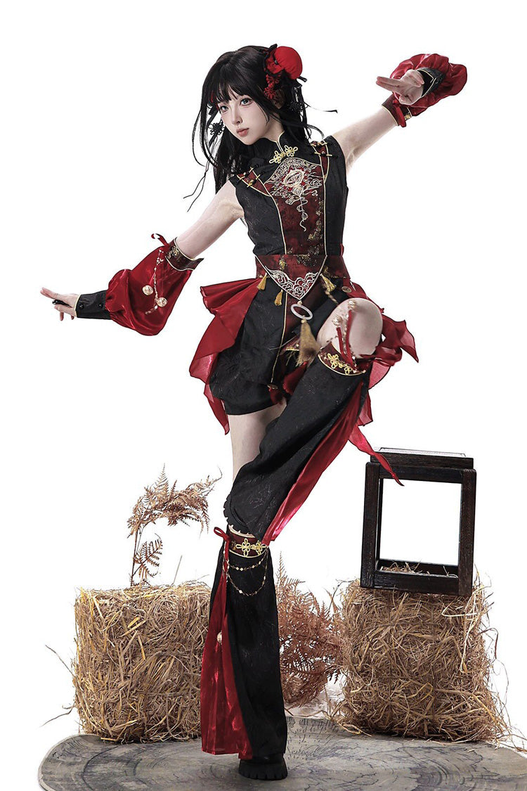 Black/Red [Demon Hunter] Stand Collar Sleeveless Embroidered Gothic Chinese Inspired Cool Ouji Hanfu Set - Black/Red(Set) - 1