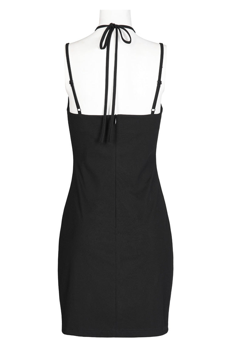 Black Knitted Stretch Hollow-Carved Design Drawstring Bodycon Shoulder Strap Halter Neck Women's Punk Dress - Product - 7