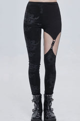 Black Gothic Ripped Spider Web Print Asymmetric Belt Buckle Decoration Women's Leggings - Black - 1