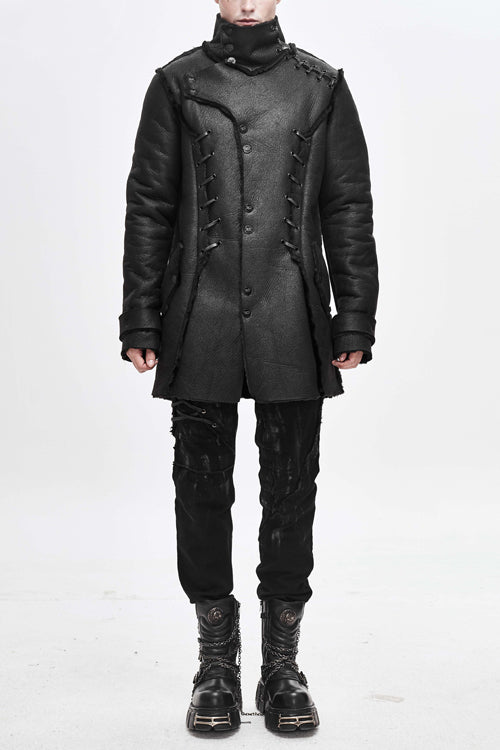 Black Winter High Collar Unedged Thick Mens Punk Coat - Black - 1