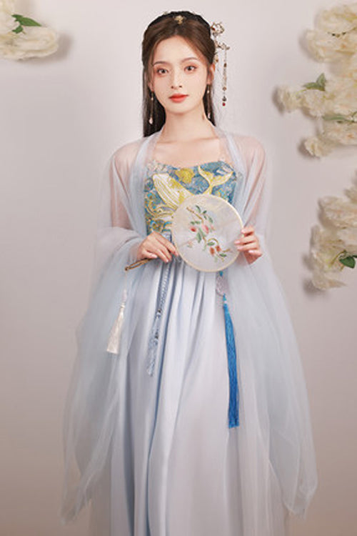 Blue Chinese Style Song Dynasty Fairy Long Embroidered Sweet Hanfu Dress Full Set - Product - 2