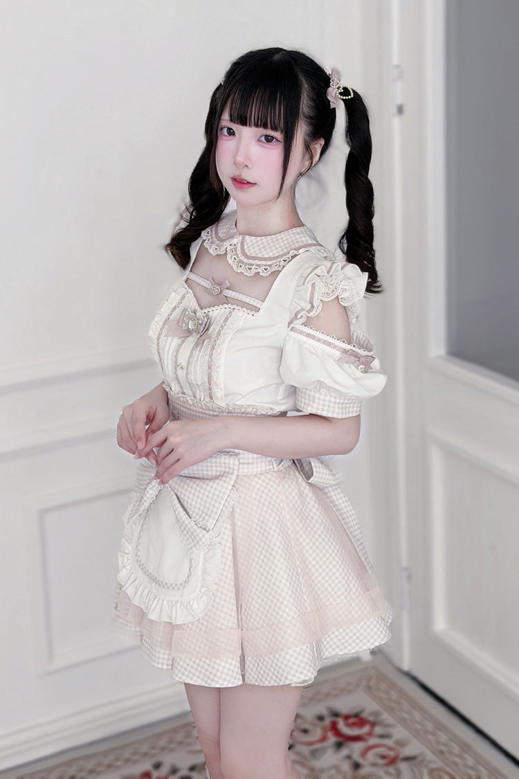 Jirai Kei Square Collar Off Shoulder Short Sleeves Printed Bow Sweet Maid Skirt Set 2 Colors - Product - 4