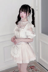 Jirai Kei Square Collar Off Shoulder Short Sleeves Printed Bow Sweet Maid Skirt Set 2 Colors - Product - 4