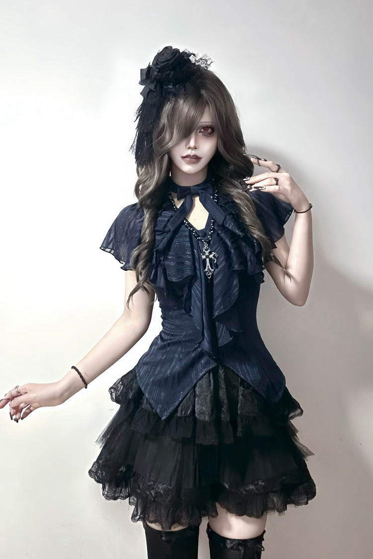 Blue Ruffled Bow Gothic Japanese Lolita Blouse - Blue - 1