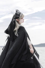 Black [Cross Nun] Stand Collar Off Shoulder Print Bowknot Gothic Elegant Lolita Dress - Product - 10