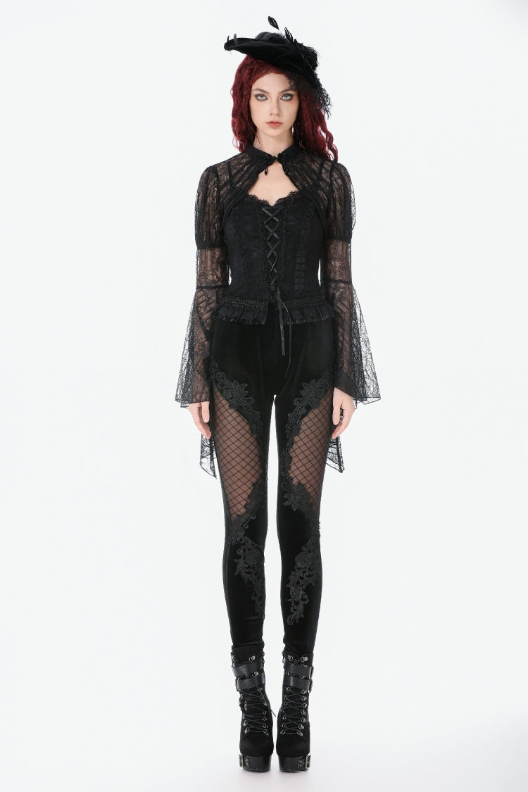 Black Women's Gothic Floral Decal Fishnet Mesh Patchwork Velvet Leggings - Product - 5