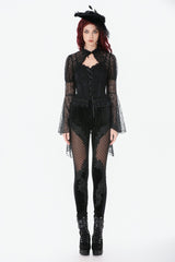 Black Women's Gothic Floral Decal Fishnet Mesh Patchwork Velvet Leggings - Product - 5