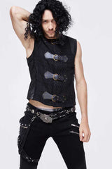 Black Coarse Texture Woolen Patchwork Heat Seal Backing Leather Loop Rough Selvage Men's Punk Waistcoat - Product - 2