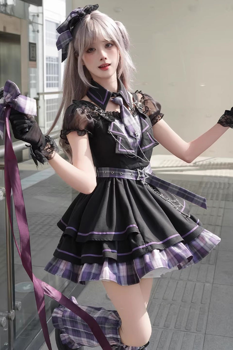 Purple [Dark Night Rose] Boat Neck Short Sleeves Multi-Layered Plaid Printed Ruffled Chain-Decorated Gothic Lolita Dress - Product - 4