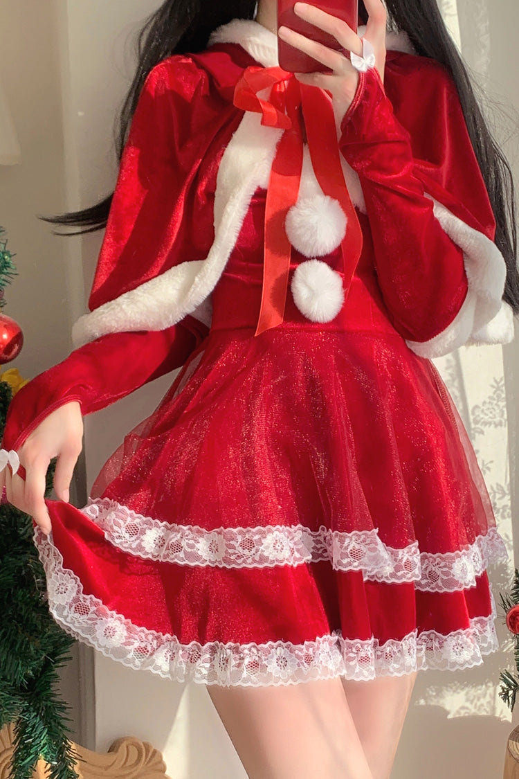 Red [Christmas and New Year] Double-Layered Ruffle Bowknot Lace Sweet Japanese Lolita Strapless Dress - Product - 3