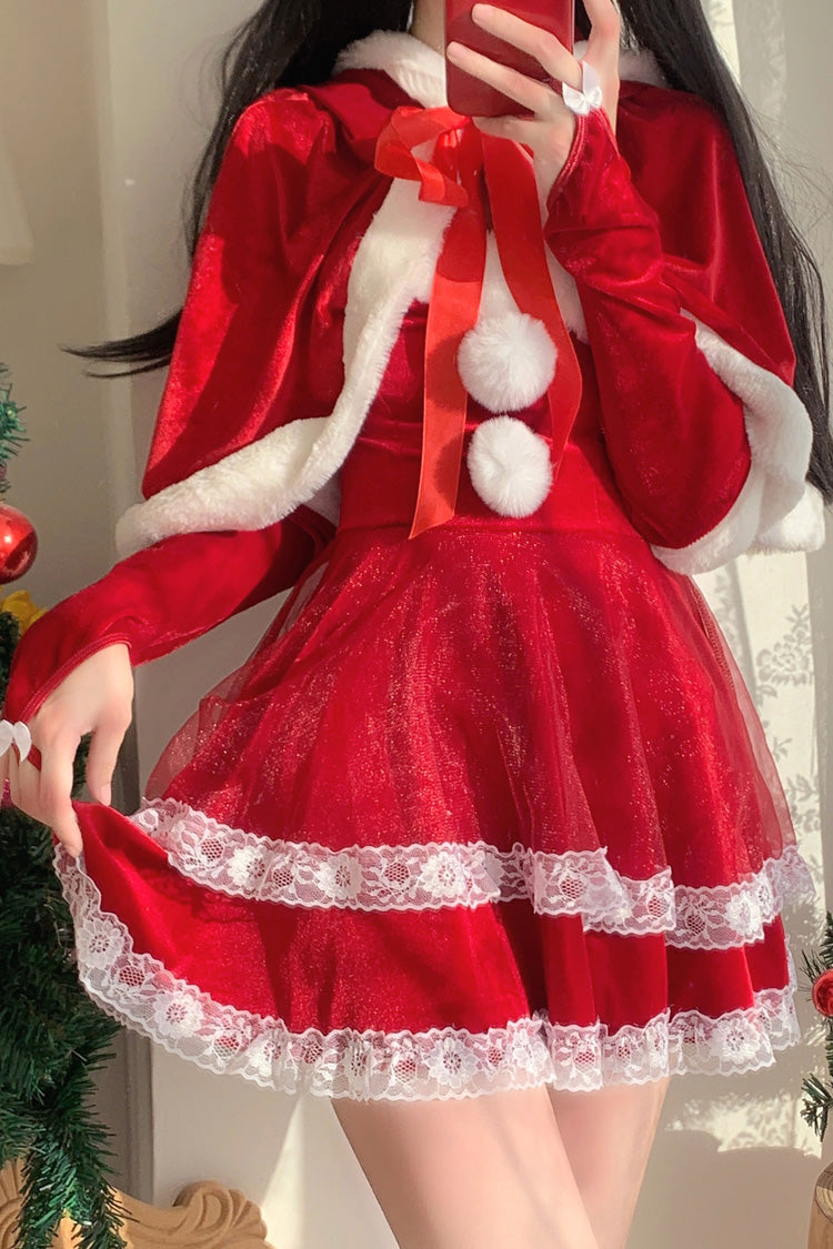 Red [Christmas and New Year] Double-Layered Ruffle Bowknot Lace Sweet Japanese Lolita Strapless Dress - Product - 3