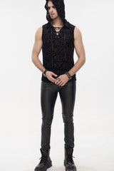 Black Punk Velvet Jacquard Chest Tie Sleeveless Hooded Men's Shirt - Product - 8