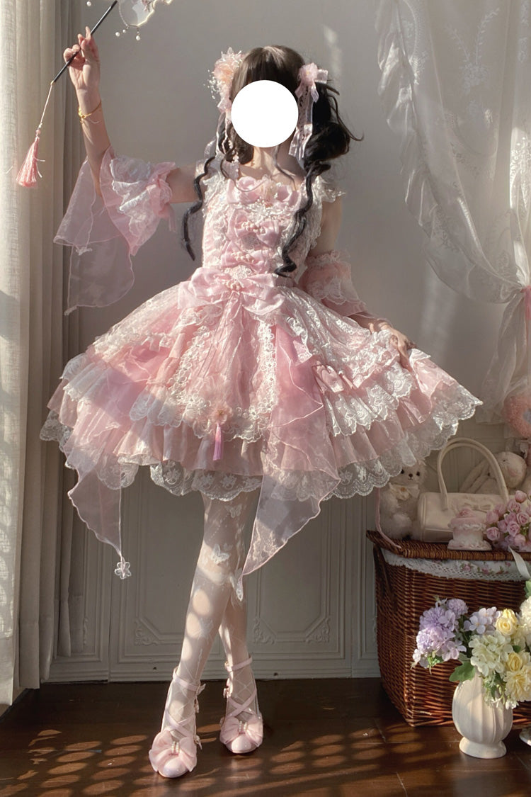 Pink [Spring Waters Reflecting Pear Blossoms] Ruffled Embroidered Open-Front Bow Lace Sweet Lolita Jsk Dress - Product - 6