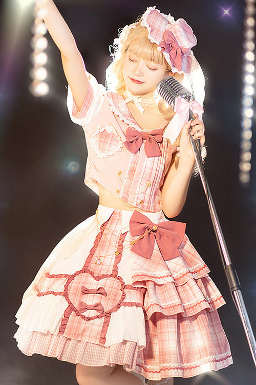 Pink Chest Bowknot One Shoulder Sleeves Plaid Print Suit Sweet Lolita Dress - Product - 4