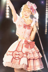 Pink Chest Bowknot One Shoulder Sleeves Plaid Print Suit Sweet Lolita Dress - Product - 4
