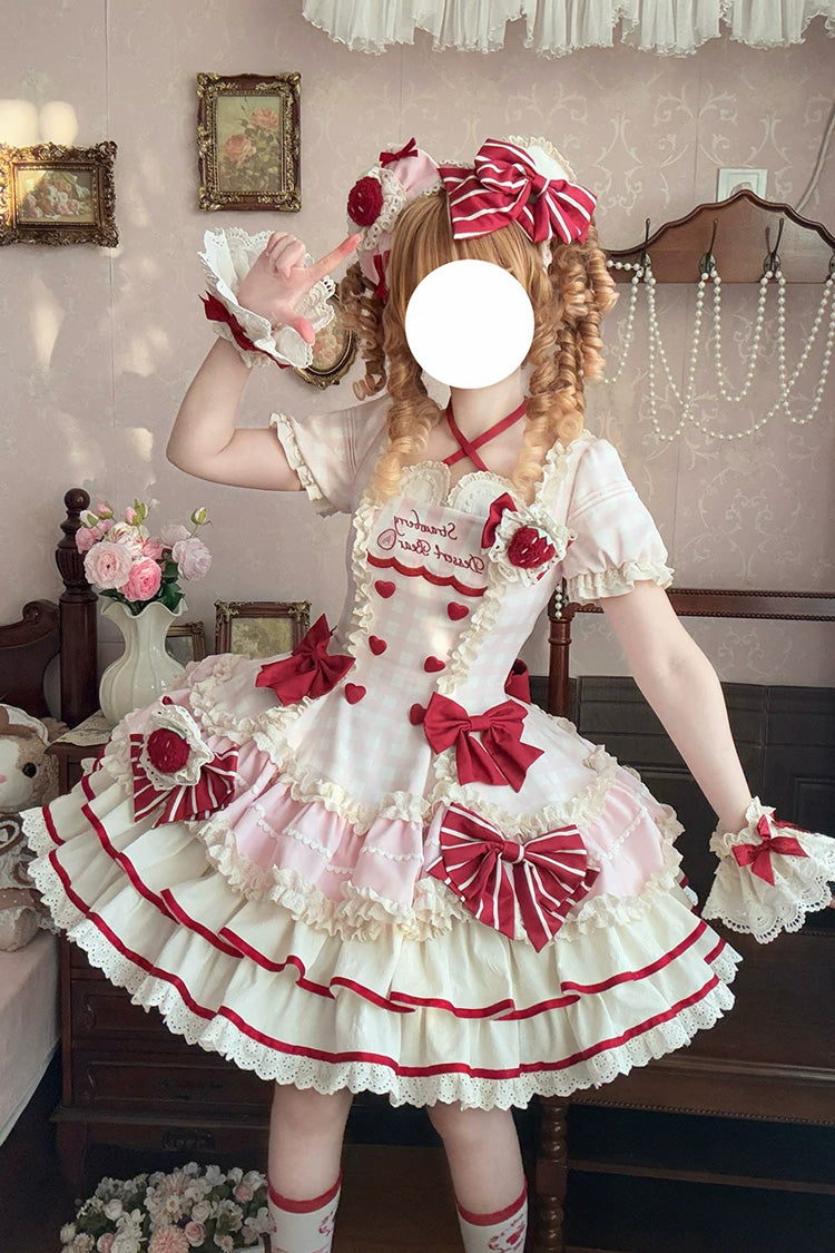 Pink [Sweetheart Strawberry Bunny] Square Collar Short Sleeves Triple-Layered Printed Ruffled Bow Sweet Lolita Dress - Product - 3
