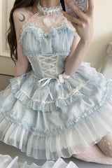 Light Blue Halterneck Triple-Layered Bowknot Lace Sweet Lolita Jsk Dress - Product - 2