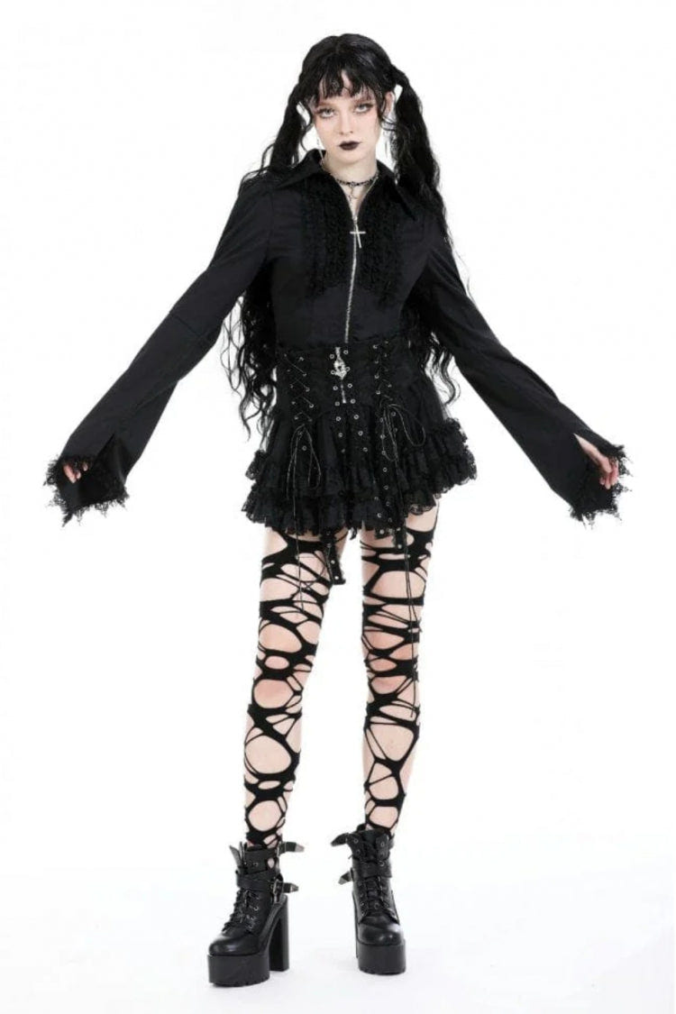 Black Layered Lace Mesh Lace-Up Zippered Women's Punk Mini Skirt - Product - 6