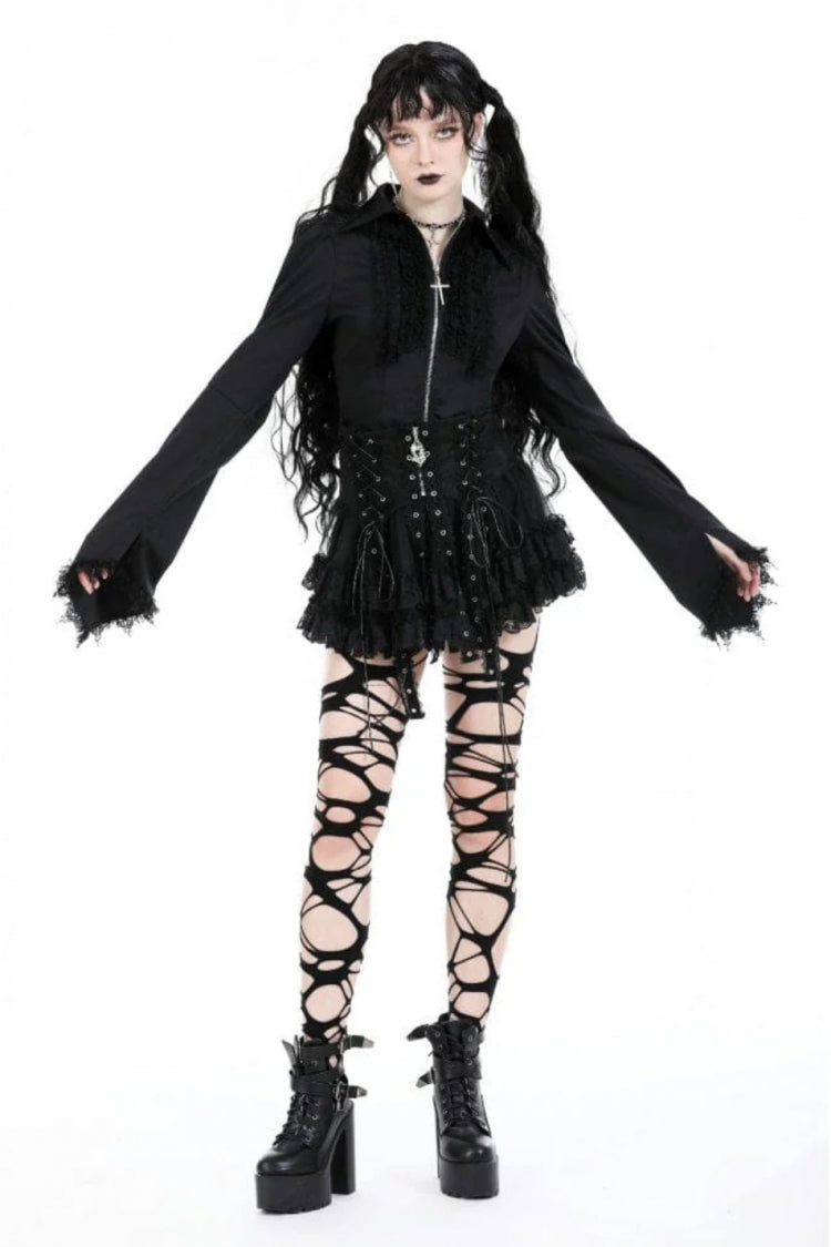 Black Layered Lace Mesh Lace-Up Zippered Women's Punk Mini Skirt - Product - 6
