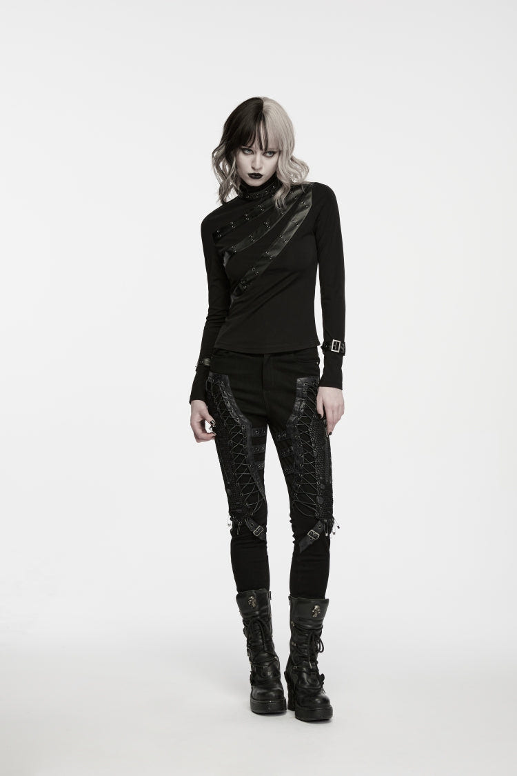 Black Cut-Out Lace Lace-Up Slim Fit Women's Punk Cool Pants - Product - 5