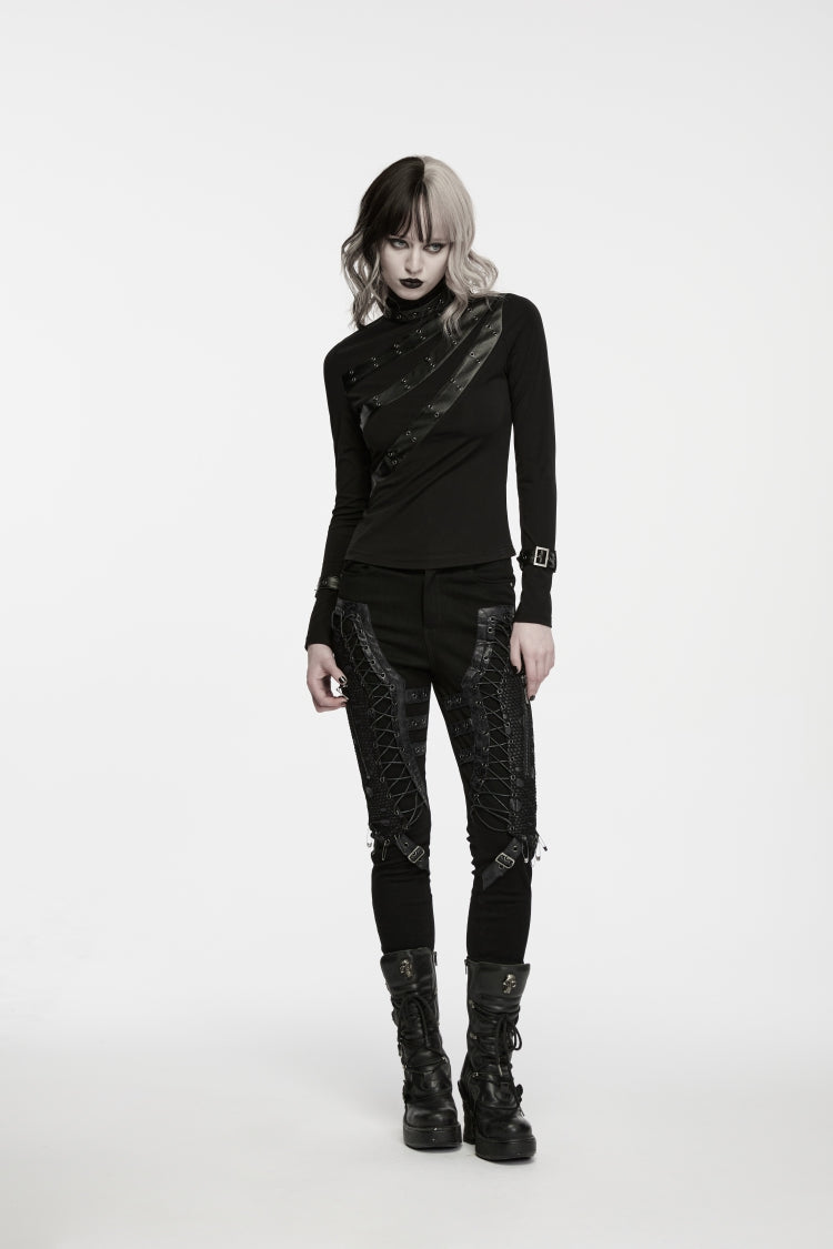 Black Cut-Out Lace Lace-Up Slim Fit Women's Punk Cool Pants - Product - 5