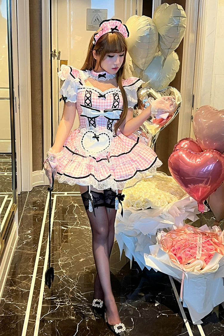 Pink [Girlish Plaid] Square Collar Short Sleeves Double-Layered Printed Ruffled Bow Lace Maid Sweet Lolita Dress - Product - 4