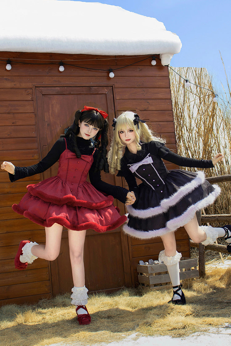 [Winter's Wish] Double-Layered Jacquard Bowknot Furry Sweet Lolita Jsk Dress 2 Colors - Product - 4
