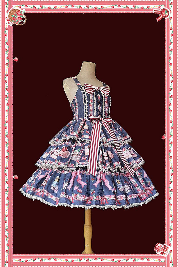 Strawberry Afternoon Tea Cake Ice Cream Print Bowknot Sleeveless Sweet Lolita Tiered Dress 3 Colors - Product - 9